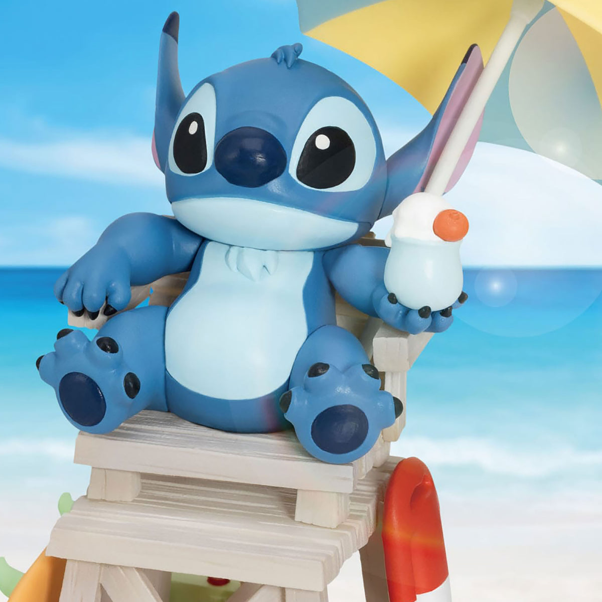 Close up of Stitch with ice cream on beach lifeguard chair, D-Stage 126