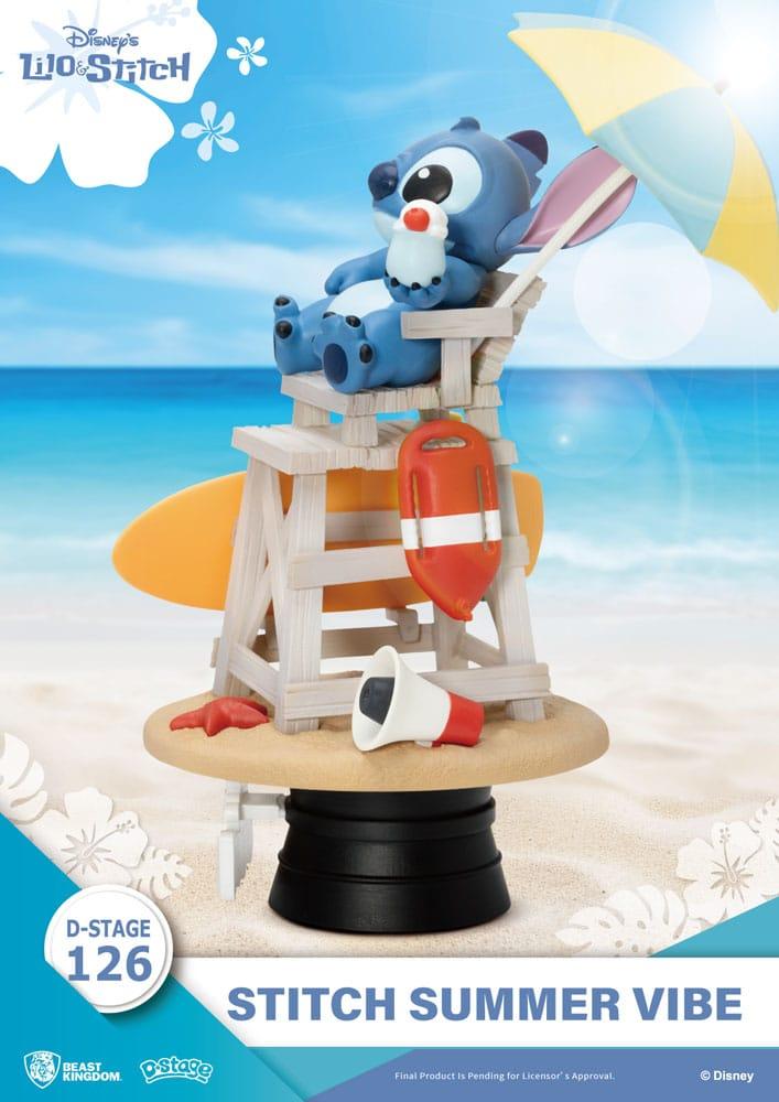 Disney Stitch Summer Vibe 16.4cm diorama official side view showing lifeguard chair, umbrella and surfboard