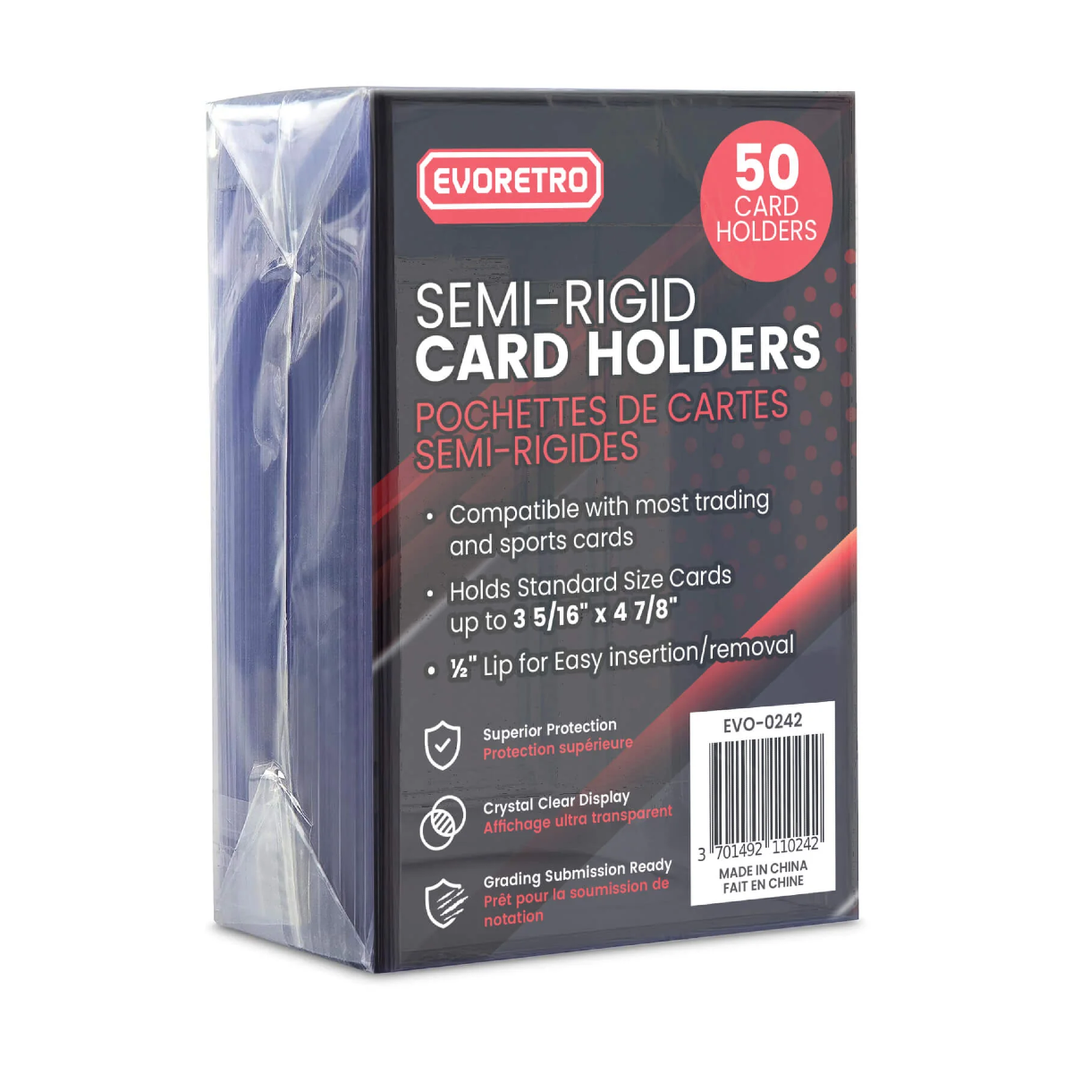 EVORETRO Semi-Rigid Card Holders 50-pack sealed retail packaging