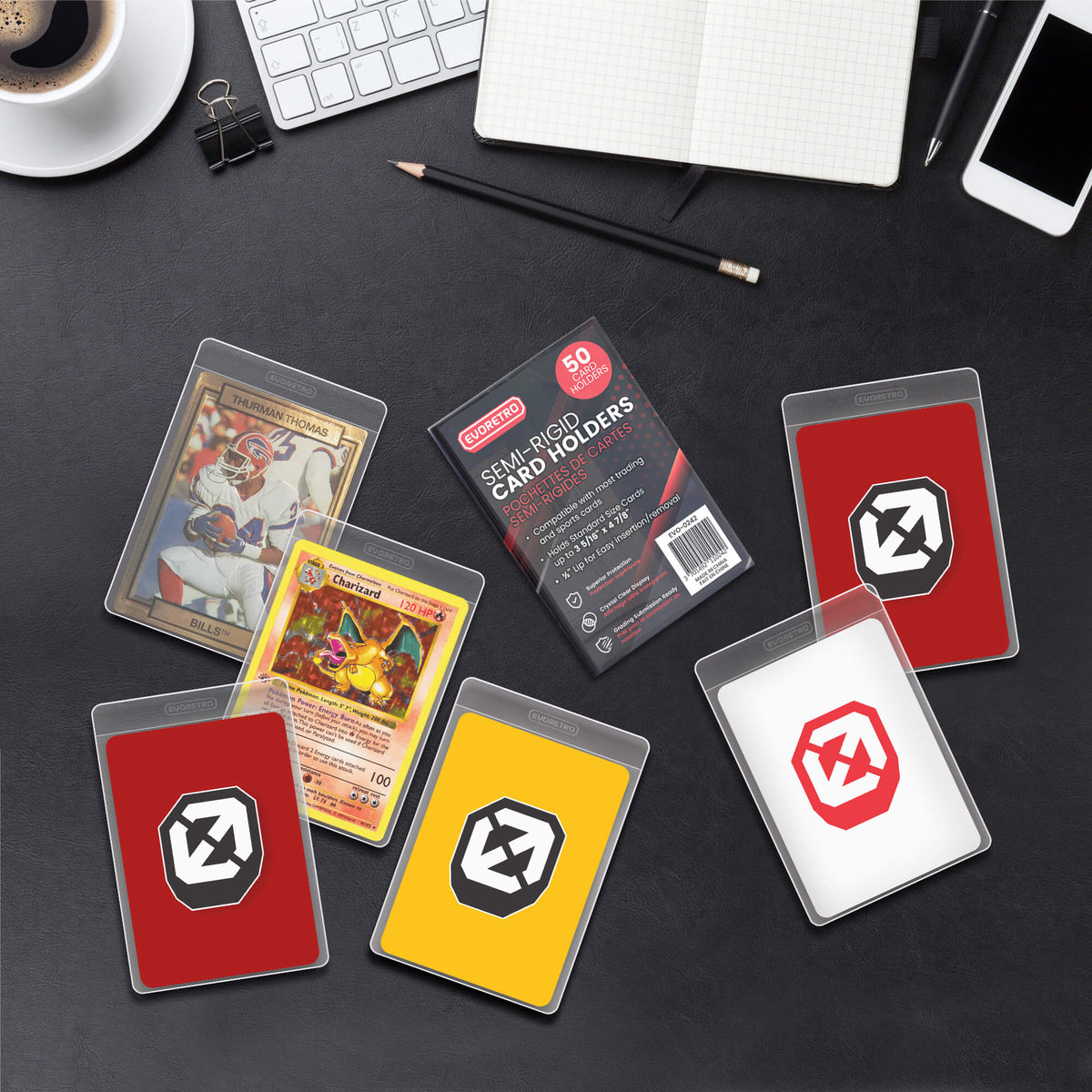 Example of EVORETRO semi-rigid holders in use with trading cards, cards not included