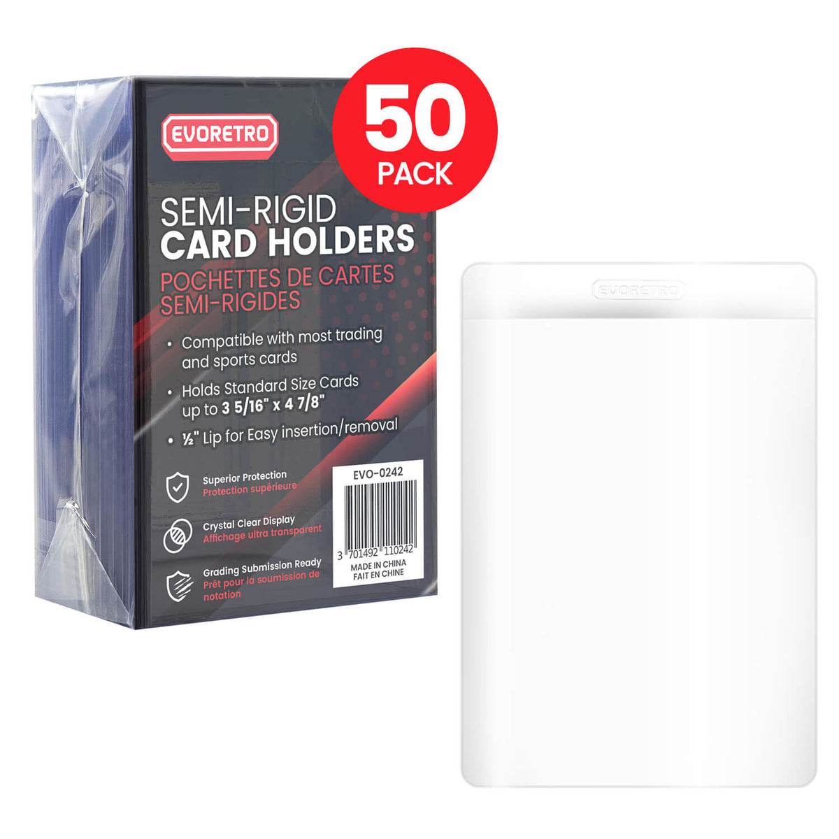 EVORETRO EVO-0242 retail pack displayed beside a transparent semi-rigid card holder
