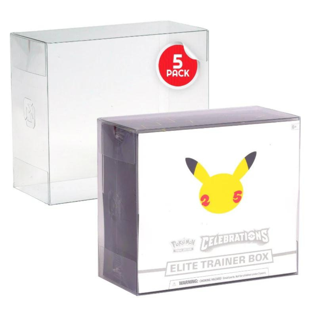 EVORETRO PET Protector 5-pack with a Pokémon ETB shown as a fit example (ETB not included)