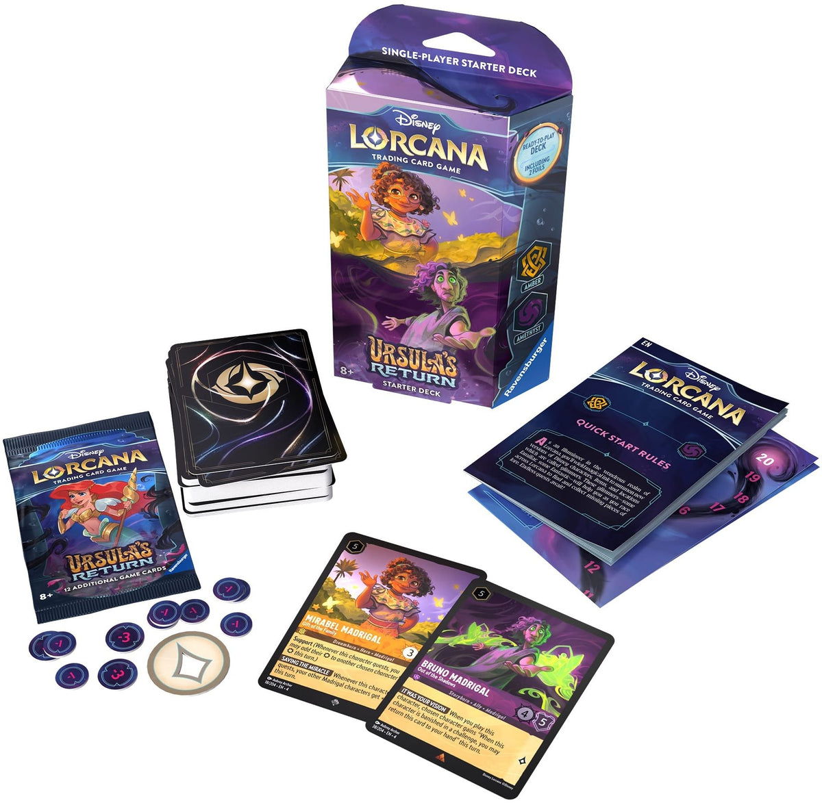 Ursula's Return Amber & Amethyst individual deck box with demonstration of card deck, booster, foils and tokens